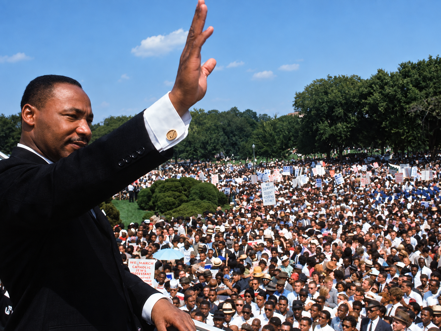 Martin Luther King Jr. waves to a large crowd gathered during the Civil Rights Movement