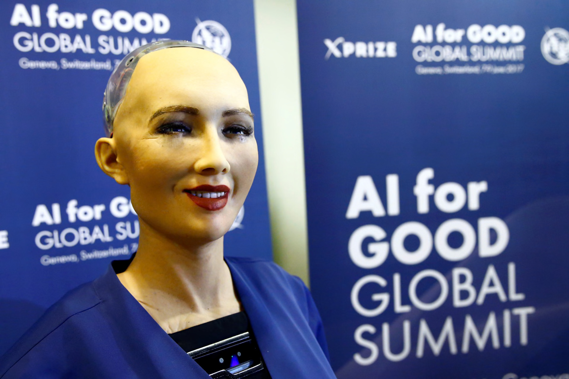Sophia, a humanoid robot developed by Hanson Robotics, appears at the AI for Good Global Summit in Geneva, Switzerland.