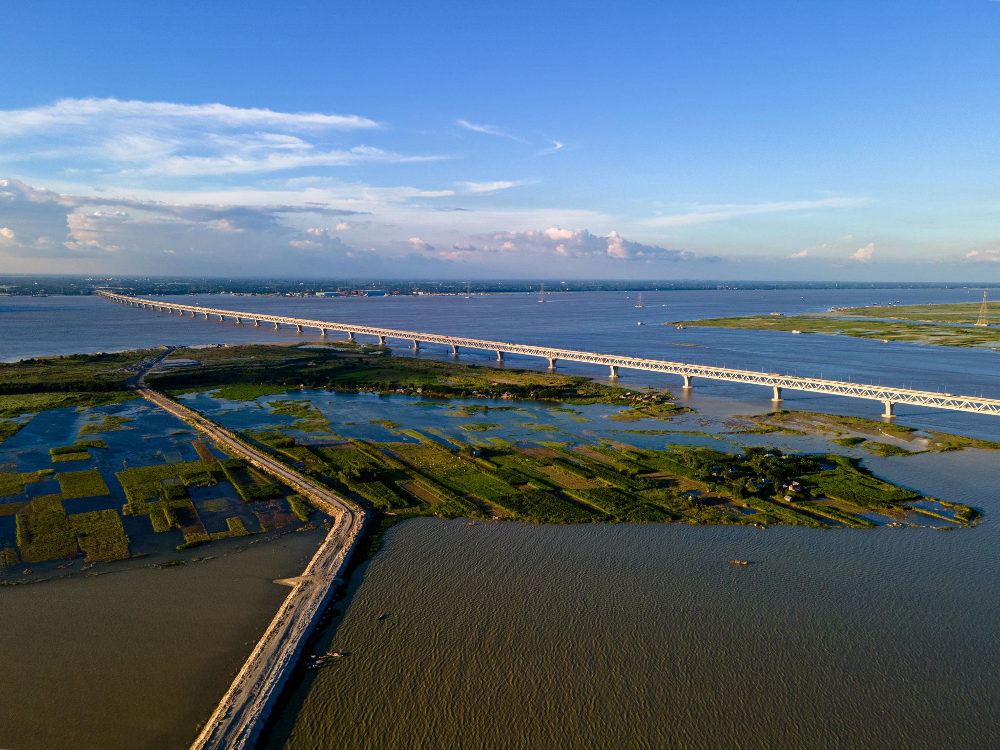An aerial view of the Padma Bridge crossing the Padma River in Bangladesh.