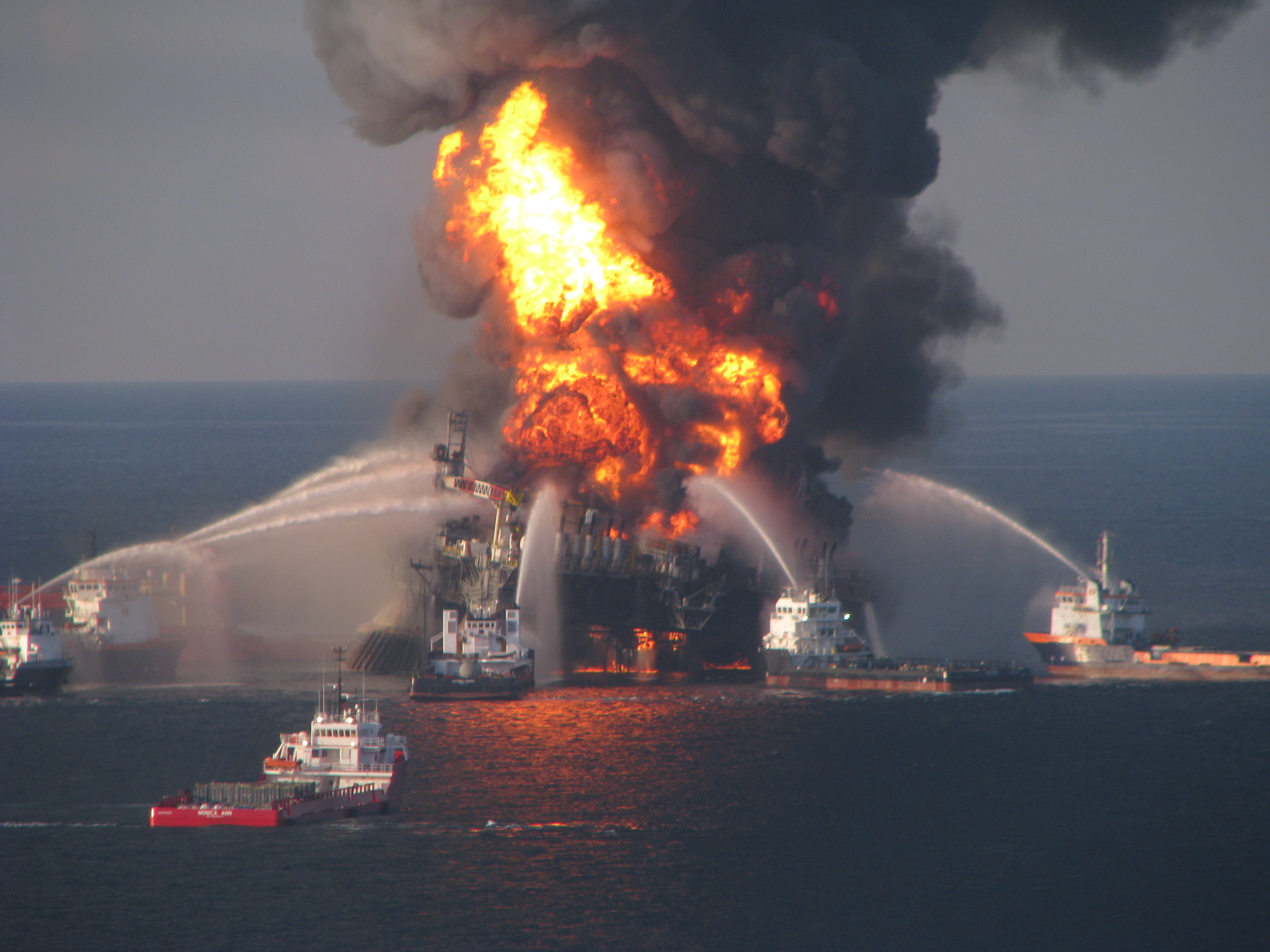 Fireboats battle the blaze aboard the Deepwater Horizon drilling rig in the Gulf of Mexico, April 2010.