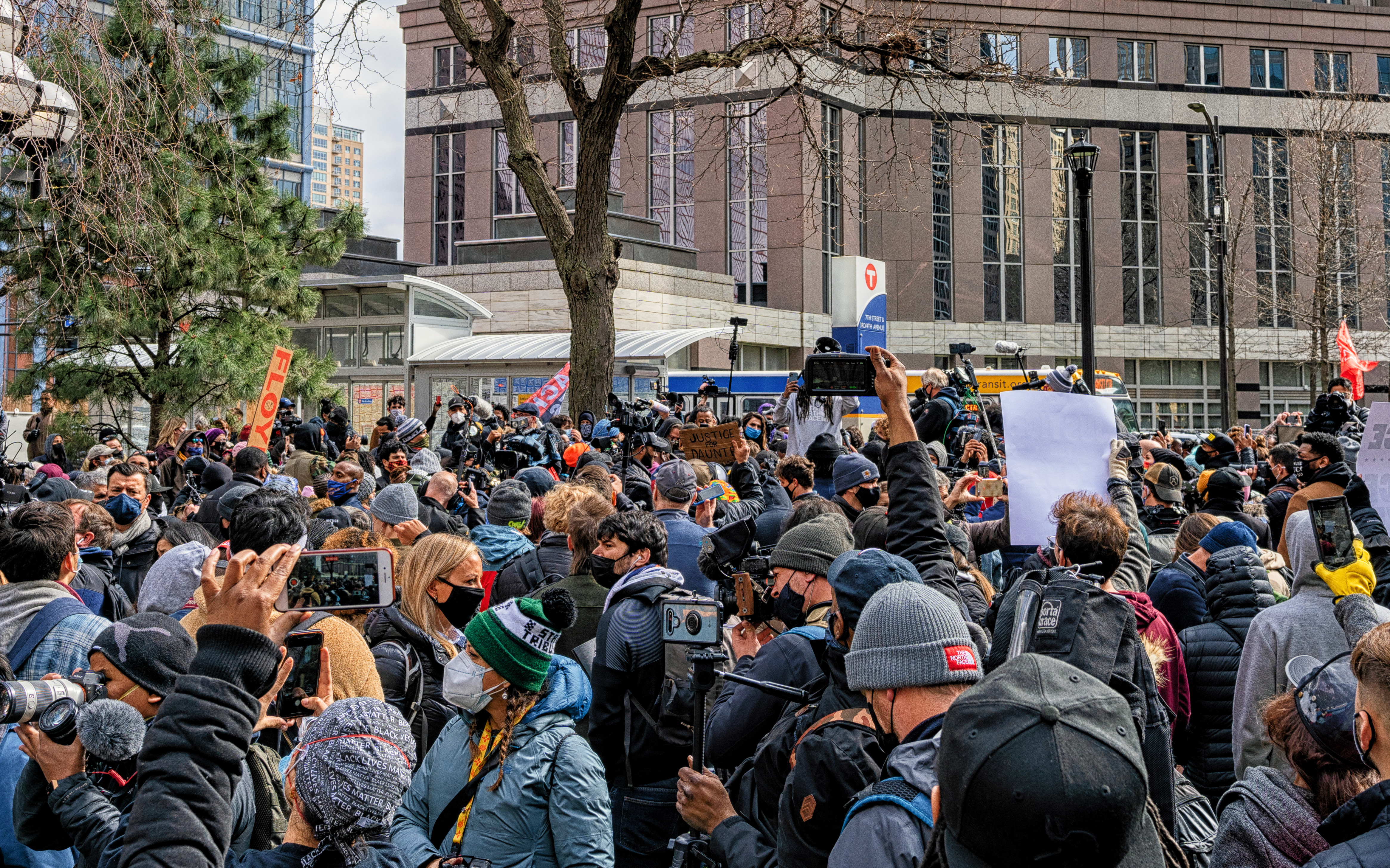 A crowd gathers outside the Hennepin County Courthouse in Minneapolis as the verdict in Derek Chauvin’s trial is read, April 2021.
