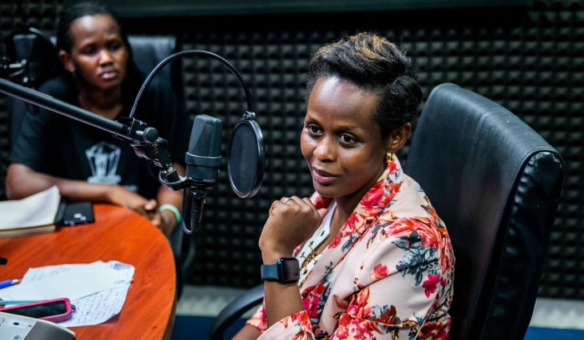 Sylvie Nsanga speaks during a podcast discussion on gender and feminism in Rwanda.
